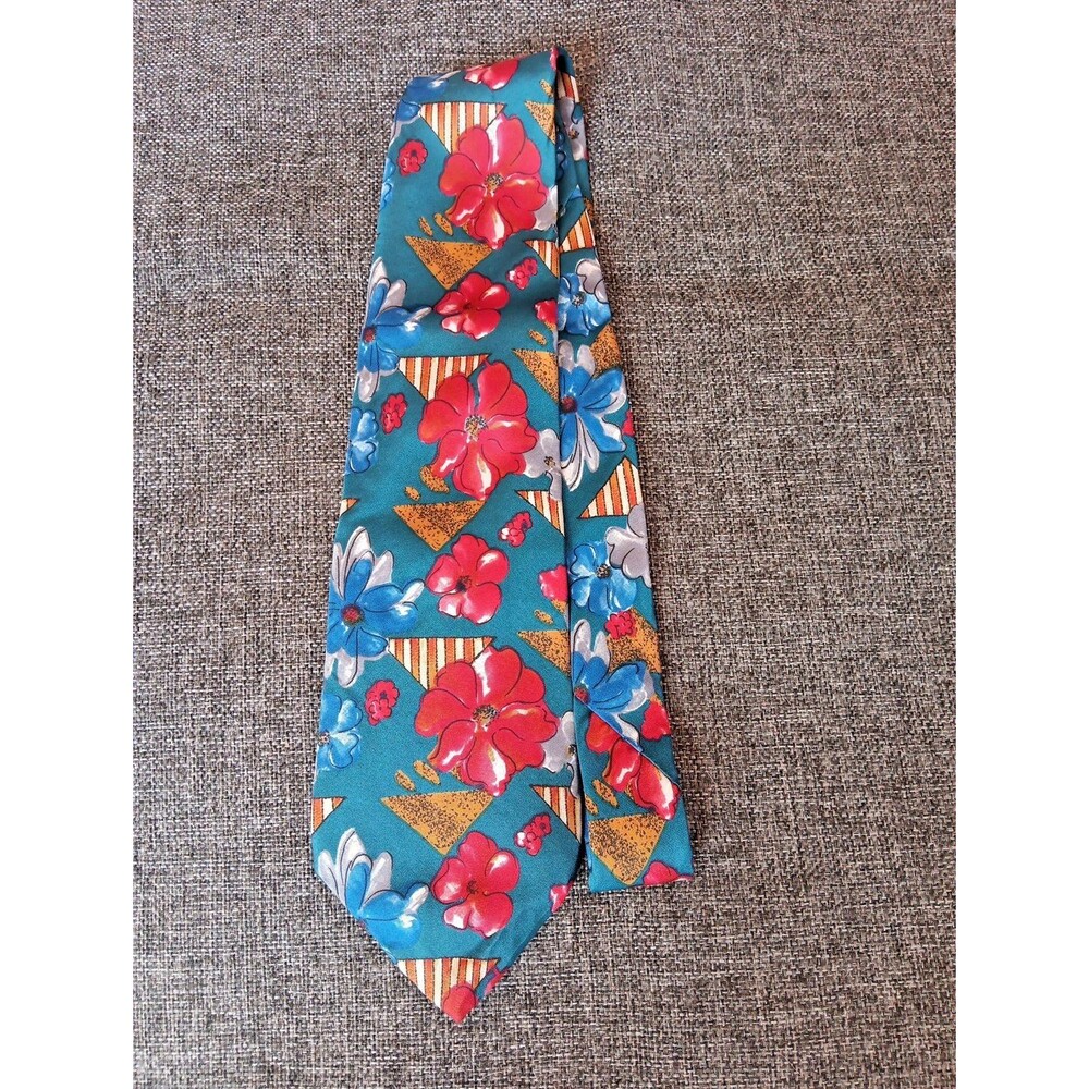 Tie 70s 80s 90s Y2K Mens Viaggio Silk Blue Red Gold Floral 3.75 Wide 56 Long